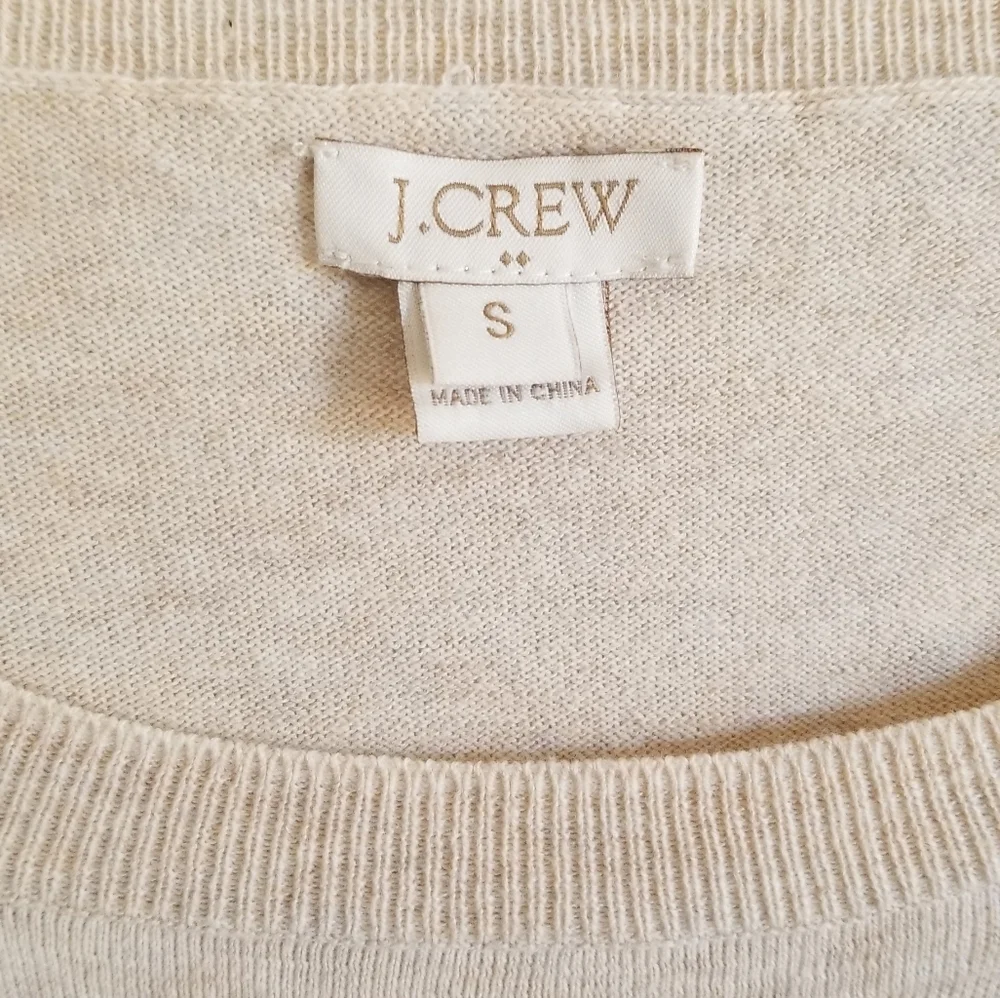 J. Crew pink dot embroidered tan cotton sweater